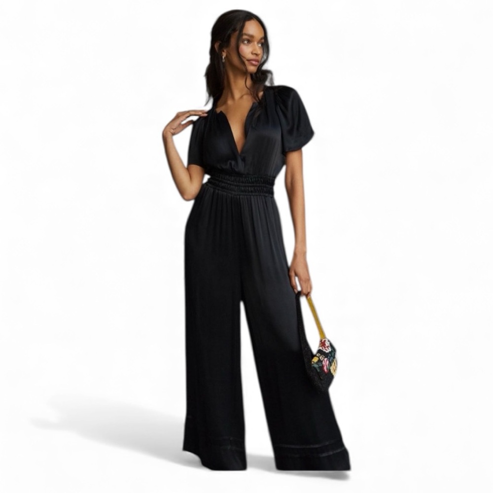 Anthropologie The Somerset Black Satin Jumpsuit Wide Leg Elastic Waist V Neck XS